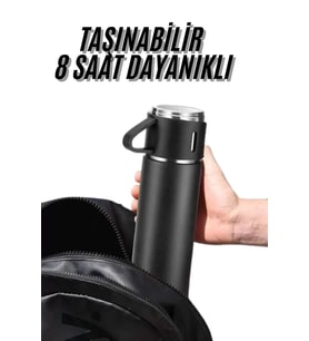 Termos Seti 3'lü Bardak Seti Isı Dayanıklı Siyah Paslanmaz Çelik Vakumlu