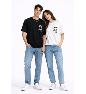 Sevgili Kombini You I Yazılı Çift Tişört Oversize Unisex Partner Kombin Seti (Siyah - Beyaz)