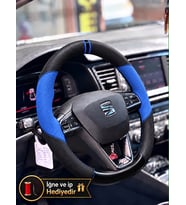 Seat Ibiza Mk5 Dikme Direksiyon Kılıfı Delikli Deri Parlak Siyah Mavi Detay Çift Yüzük ve Dikiş 2017-2021