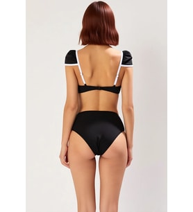 Kadın Bikini Takımı Yüksek Bel Hipster Balensiz Kap Kısa Puf Kol Kontrast Şeritli Örme Kumaş