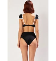 Kadın Bikini Takımı Yüksek Bel Hipster Balensiz Kap Kısa Puf Kol Kontrast Şeritli Örme Kumaş