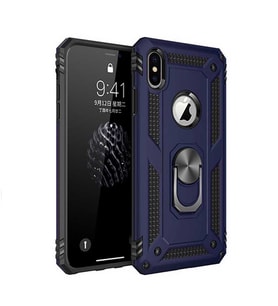 Apple iPhone XS Max Kılıf Metal For Car Yüzüklü Standlı Military Ring Serisi (Lacivert)