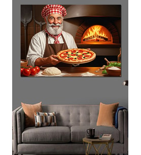 Şapkalı Şef Pizza Pişiriyor Dekoratif Kanvas - Mdf Ahşap Tablo