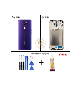 Oppo A5 2020 Mor Uyumlu Lensli Orta Kasa + Yapıştırıcı ve Vida Seti Full Kasa Kapak Gövde Housing