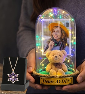 Kişiye Özel Renkli Led Işıklı Ayıcıklı Fanus ve Gerçek Ametist Taşlı Lotus Kolye