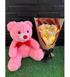 Sevgiliye Hediye 35 cm Pembe Ayıcık ve 6'lı Sarı Işıklı Ayıcık Buketi