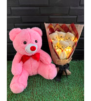 Sevgiliye Hediye 35 cm Pembe Ayıcık ve 6'lı Sarı Işıklı Ayıcık Buketi