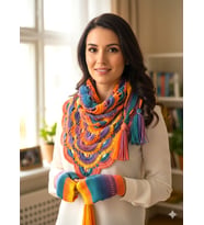 Yelpaze Model Üçgen Fular ve Parmaksız Eldiven Set, Kadınlara Hediyelik Şal , Örgü Fular (Çok Renkli-Multı)