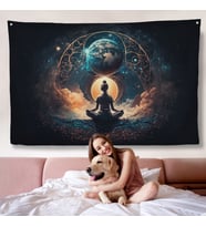 Meditasyon Yapan Kadın Lotus'ta Evrenle Bağlantı Duvar Örtüsü-7251