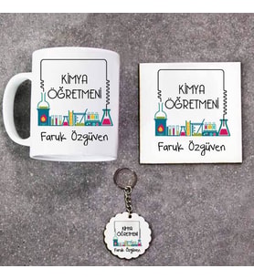 Kimya Öğretmeni Kupa Bardak Altlık ve Anahtarlık Hediye Seti (Model 1)