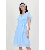 Neşeli butik kadın midi boy yeni sezon kruvaze yaka melek kol şifon elbise RY8081 (Bebe Mavisi)