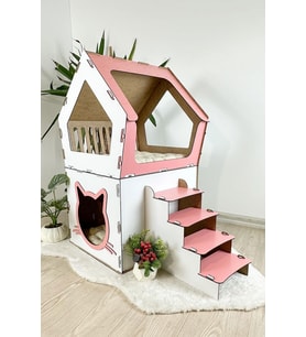 Mavitrend Ahşap Büyük Kedi Evi XXL Açık Teraslı Model 5 Kg Üstü Kediler İçin Pembe - Beyaz Renk