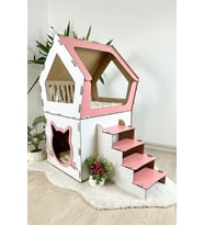 Mavitrend Ahşap Büyük Kedi Evi XXL Açık Teraslı Model 5 Kg Üstü Kediler İçin Pembe - Beyaz Renk