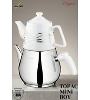 ELEGANT Topaç Mini Porselen Demlikli Bakalit Kulplu Çaydanlık Takımı - Beyaz
