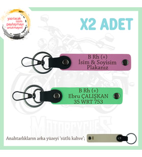 Hız Tutkunlarına Özel, İsim Plaka ve B Rh (+) Kan Grubu Yazılı Deri x2 Anahtarlık, Pembe-F Yeşil-SK