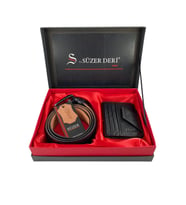 Hakiki Deri Kemer Cüzdan Hediyelik Set (Damat Bohçası) (Siyah)
