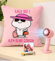 Kişiye Özel Kalk Kız Alem Beybi Görsün Yastık & Şarjlı El Fanı 3 Kademli Turbo