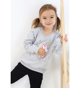 Breeze Kız Çocuk Sweatshirt Baskılı Pullu Unicorn 2-6 Yaş, Gri Melanj