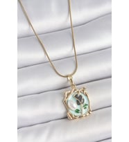 316L Çelik Gold Renk Zincir Mavi Mineli Çiçek İşlemeli İnci Detay Portre Model - SSSSSS4421-9