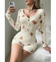 Amora Secret Pamuklu Ekru Ayıcık Desenli Düğmeli Tulum Pijama