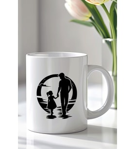 Baba ve Kız El Ele Figürlü 330ml Baskılı Beyaz Seramik Kupa Bardak