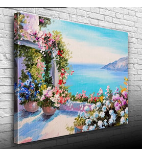 Sardunyalı Balkon ve Deniz Yağlıboya Kanvas Tablo 50 x 70