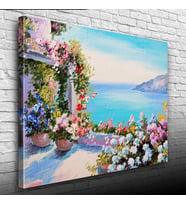 Sardunyalı Balkon ve Deniz Yağlıboya Kanvas Tablo 50 x 70