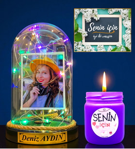 Size Özel Renkli Led Işıklı Fanus ve Renkli Kokulu Mum Hediye Seti DN1 (Model 3)