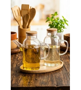 Atbyhome 2'li Isıya Dayanıklı Borosilikat Cam 500 ml Bambu Kapaklı Yağlık Sirkelik