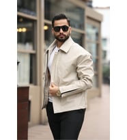 UNİSEX VİNTAGE CEP DETAYLI POLO YAKALI DERİ CEKET (Krem)