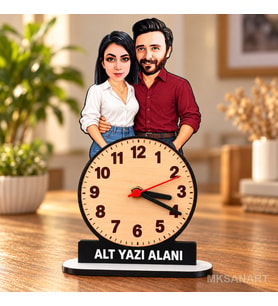 Fotoğraftan Kişiye Özel 2 Kişilik Çift Karikatürlü 18 cm MDF Dikey Masa Saati - Sevgiliye ve Eşe Hediye Sevgililer Günü ve Yıl Dönümü Hediyesi