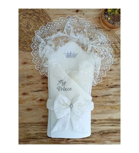 Dantelli Özel Taçlı Bebek Kundağı Unisex Bebek Dış Kundak Battaniyesi Hastane Çıkışı Hediyelik KND45302