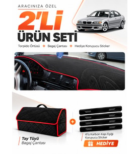 BMW E46 (1997-2006) Uyumlu Torpido Örtüsü + Tay Tüyü Bagaj Çantası + Sticker Seti - Siyah Kırmızı