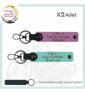 Macera Aşıklarına Özel, İsim Plaka ve 0 Rh (-) Kan Grubu Yazılı x2 Anahtarlık, Pembe-Turkuaz-Laci (Çok Renkli)