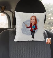 BK Gift Kişiye Özel Kadın Öğretmen Karikatürlü Kare Araç Koltuk Yastığı-3