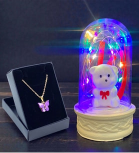 Renkli Led Işıklı Tasarım Fanus ve Mor Kelebek Kolye Hediye Seti (Model 1)