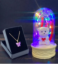 Renkli Led Işıklı Tasarım Fanus ve Mor Kelebek Kolye Hediye Seti (Model 1)