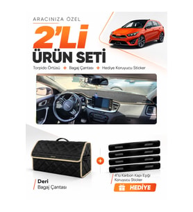 KİA CEED (2020-2025) Uyumlu Torpido Örtüsü + Deri Bagaj Çantası + Sticker Seti - Siyah Bej