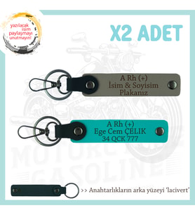 Moto Kuryeye, İsim Plaka ve A Rh (+) Kan Grubu, Özel Üretim 2'li Anahtarlık, Kül Gri-K Turkuaz-Laci