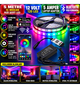 5M 12V 120 Ledli İç Mekan RGB Şerit Led 5A Laptop Adaptör Bluetooth RGB Kumandalı Set