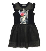 Littlestar Kız Çocuk Güllü Kedili Elbise (Siyah)