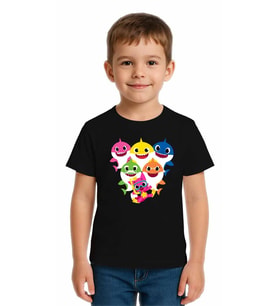 Unisex Baby Shark Baskılı Çocuk Tişört pamuklu penye kumaş (Siyah)