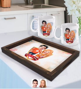 BK Gift Kişiye Özel İsimli Sevgililer Karikatürlü Doğal Ahşap Tepsi ve 2’li Kupa Bardak Seti-54