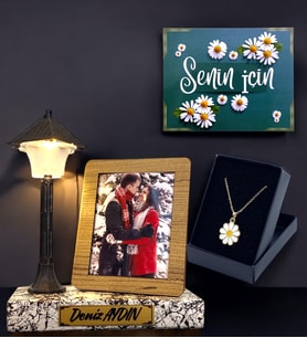 Kişiye Özel Işıklı Mermer Tasarımlı Masa Lambası & Papatya Kolye HA2 (Beyaz)