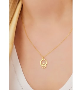 DKMN Gümüş İç İçe Altıgen Kolye 925 Ayar Kadın Gümüş Kolye (Gold)