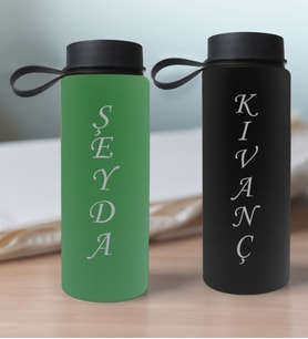BK Gift Kişiye Özel İsimli 2’li Yeşil ve Siyah Cam Matara 500ml, Sevgiliye Hediye, İsimli Cam Matara, Sevgililer Günü
