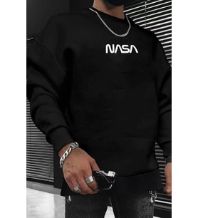 Unisex Nasa Bisiklet Yaka Sweatshirt (Siyah)