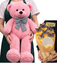 Kişiye Özel Led Işıklı Aynalı Kelebek Buketi ve Pembe Peluş Ayıcık
