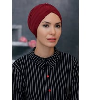 Bordo Pratik Hazır Geçmeli Tesettür Bone Sandy Kumaş Taçlı Büzgülü 1208_16