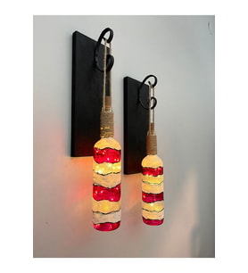 Led Işıklı Ahşap Kırmızı Renkli Vitray Cam Salon Bar Bahçe Dekoru Şarap Şişesi Duvar Aplik 2'li Set (Çok Renkli)